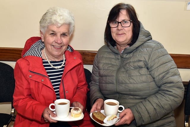 At the Loughgall Playgroup fundraising coffee morning and silent auction are Louise Murdock, left, and Rosemary Matchett,. PT16-204.