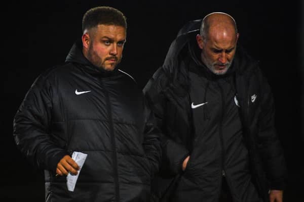 Nathan Rooney (left) and Gary Haveron during Larne's recent BetMcLean Cup tie against Annagh United. (Photo by Andrew McCarroll/Pacemaker Press)