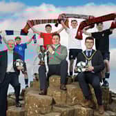 Coleraine Academy players Alfie Glenn, Peter Whyte, Noah Tohill and Corin Burns pictured with Councillor Ciarán McQuillan, Mayor of Causeway Coast & Glens Borough Council; Victor Leonard, Chairperson of the Budget Energy SuperCupNI; and Karl Bradley, Marketing Executive at Budget Energy announcing the stellar Boys’ Premier Section line-up for the 2025 Budget Energy SuperCupNI. CREDIT SUPERCUP NI