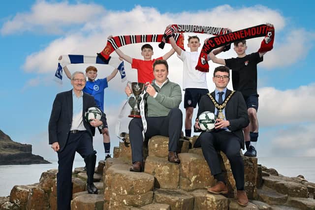 Coleraine Academy players Alfie Glenn, Peter Whyte, Noah Tohill and Corin Burns pictured with Councillor Ciarán McQuillan, Mayor of Causeway Coast & Glens Borough Council; Victor Leonard, Chairperson of the Budget Energy SuperCupNI; and Karl Bradley, Marketing Executive at Budget Energy announcing the stellar Boys’ Premier Section line-up for the 2025 Budget Energy SuperCupNI. CREDIT SUPERCUP NI