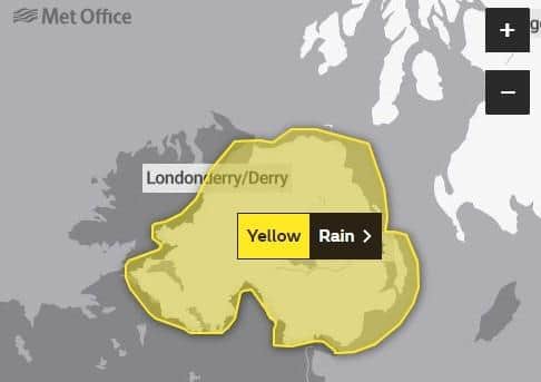 A yellow weather warning for rain is in place across Northern Ireland. Picture: Met Office.
