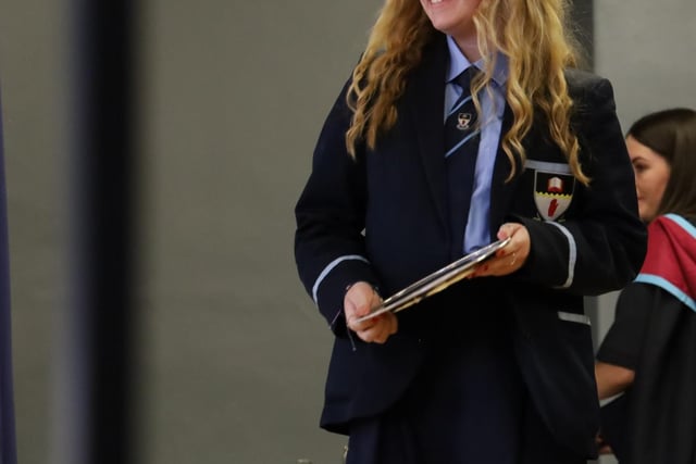 A pupil receives her prize at Cookstown High School Prize day.
