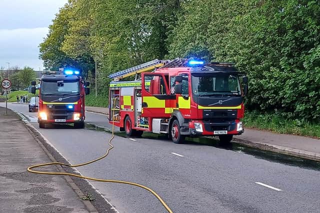 Fire crews at the scene of the three-vehicle collision on the Larne Road Link in Ballymena. Picture: NIFRS North