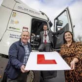 At the launch of the ABC HGV Training and Employment Academy in January 2022 are the then Lord Mayor of Armagh, Banbridge and Craigavon Council Glenn Barr, Chair of Economic Development and Regeneration Committee Councillor Declan McAlinden and Enterprise Development Manager Sarah-Jane Macdonald.