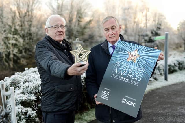 Launching the Lisburn & Castlereagh City Business Awards 2023 are Alderman Allan Ewart MBE, Chair of the Development Committee at Lisburn & Castlereagh City Council and Ken Webb, Principal and Chief Executive at SERC