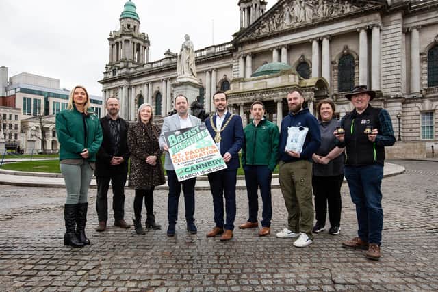 In commemoration of the 30th anniversary of Belfast and Nashville’s Sister City relationship, Christine Cousins, Director of Operations Northern Ireland for King Hospitality LCC, and Lord Mayor of Belfast Cllr Micky Murray, are joined by chefs and food and drink producers who will be hosting cooking demonstrations and sampling at the Belfast to Nashville St Paddy’s Day Celebration festival. Pictured right are Paula McIntyre and Alistair Bell.