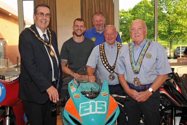 Lord Mayor of Armagh City, Banbridge and Craigavon, Alderman Stephen Moutray chats with rider James Doy, John Richardson, assistant clerk of course, Mark Harrison, Chair NCUI and Adrian Craig, President NCUI at the Tandragee 100 Launch. Picture: Geoffrey Cousins / ABC Borough Council