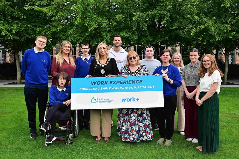 Mayor or Antrim and Newtownabbey, Councillor Leah Kirkpatrick, and Deputy Mayor Councillor Julie Gilmour, with pupils from Riverside Special School and work placement provider, Wrightbus.
