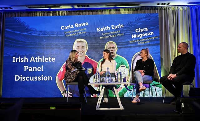 Discussion in Croke Park with l-r: host Maria Crowe, Ciara Mageean, Carla Rowe and Keith Earls.
