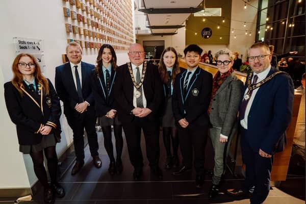 The Mayor and Deputy Mayor with pupils and teachers from Parkhall Integrated College, Antrim.