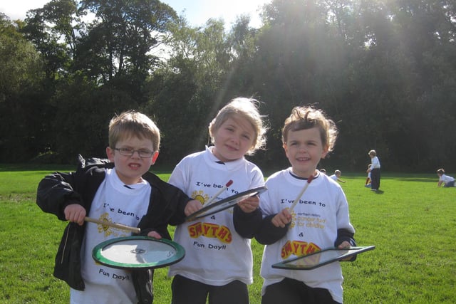 P3 pupils from Carr Primary School show off what they learned in the drumming workshop at the Northern Ireland Cancer Fund for Children's Schools' Fun Day in Ormeau Park, Belfast in 2010