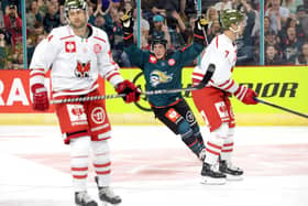 Belfast Giants’ Daniel Tedesco celebrates scoring against HC Bolzano during a CHL game at The SSE Arena, Belfast.   Photo by William Cherry/Presseye