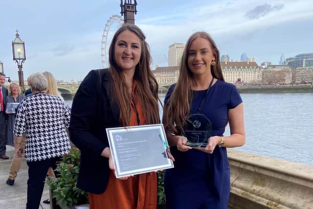 Northern Regional College student services staff, Fiona Johnston, Education Support Co-ordinator and Carrie Fleming, Student Engagement Officer, who picked up the award ‘Volunteering Team of the Year’ at the Good for Me, Good for FE awards ceremony in the House of Lords. Credit NRC