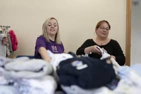 Sarah (left) and Nicola at the Home-Start East Antrim baby bank in Larne. Photo: Baby Bank Alliance