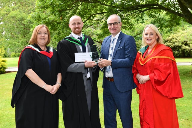 Ronan McLaughlin from Banbridge was presented with the DAERA Prize at CAFRE’s Graduation Ceremony. Ronan was congratulated by Martin McKendry (Head of Food, Farming and Rural Affairs Group, DAERA) and Nicola Kerr (Senior Lecturer CAFRE) on achieving highest marks on the Foundation Degree programme in Food and Drink Manufacture. Ronan attained the qualification through studying as a Higher Level Apprentice (HLA) supported by his employer Whites Oats.