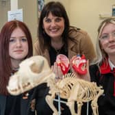 Abbey Brown and Katie Hepburn from Limavady High School chat with Veterinary Nursing lecturer at NWRC Limavady Gillian Morrow.