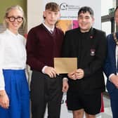 Rostulla School, Special Schools Bursary Award winners pictured with Mayor of Antrim and Newtownabbey, Councillor Mark Cooper BEM and chair of the bursary panel, Harriett Roberts