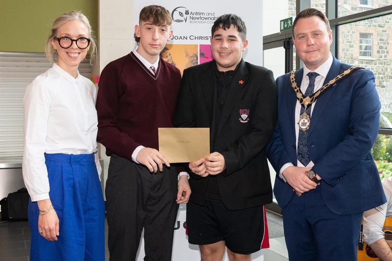 Rostulla School, Special Schools Bursary Award winners pictured with Mayor of Antrim and Newtownabbey, Councillor Mark Cooper BEM and chair of the bursary panel, Harriett Roberts