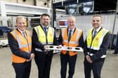 Pictured (L-R) are Jeremy Fitch, Director of Business Growth Group, Invest NI; Mark Hutchinson, CEO, Hutchinson; Economy Minister Conor Murphy; and Richard Hutchinson, Innovation Director, Hutchinson. CREDIT DEPT FOR ECONOMY