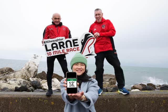 Pictured from Larne Athletic Club are William Thompson and Sean McAllister, alongside Elaine McAlister from Kilwaughter Minerals.