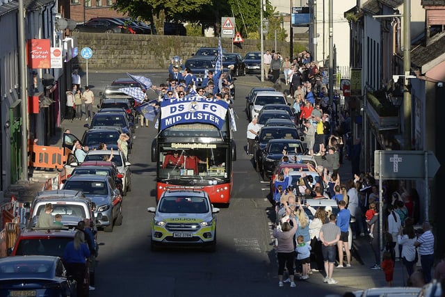 Irish Cup winners Dungannon Swifts enjoy a open top bus tour through the town to celebrate their victory over Cliftonville at the National Stadium, Belfast