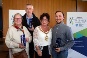 Carrick Greengrocers were the winners of three prizes at the Carrick Business Awards. Pictured with their trophies and Mayor, Geradine Mulvenna are (from left) Jane Robb, Adrian Scott and Ian Whyatt. CT17-212.  Photo: Tony Hendron