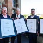 Pictured are, from left, George Fleming, Fleming Agri Products; Walter Watson, Walter Watson Ltd; Mark Hutchinson, Hutchinson Engineering; and John Bosco O’Hagan, Specialist Group.