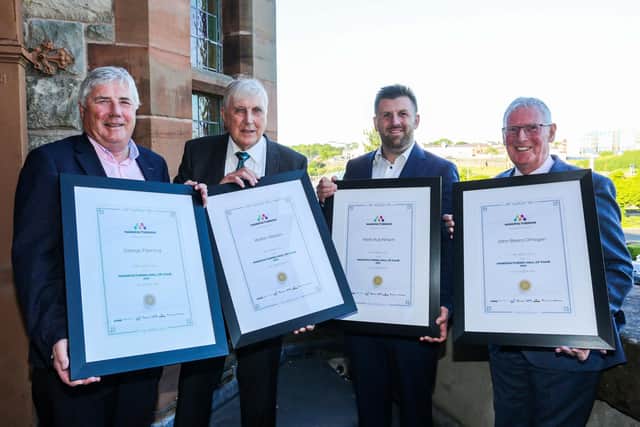 Pictured are, from left, George Fleming, Fleming Agri Products; Walter Watson, Walter Watson Ltd; Mark Hutchinson, Hutchinson Engineering; and John Bosco O’Hagan, Specialist Group.