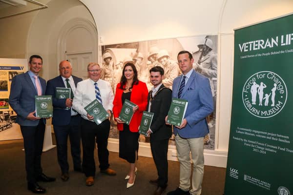 Guests at the launch of Veteran Life at the Irish Linen Centre and Lisburn Museum. David Burns, Chief Executive, Lisburn & Castlereagh City Council, Alderman James Tinsley, Lisburn & Castlereagh City Council’s Veterans’ Commissioner, Alderman James Tinsley, Lisburn & Castlereagh City Council’s Veterans’ Commissioner, Emma Little-Pengelly, deputy First Minister of Northern Ireland, Mayor of Lisburn & Castlereagh City Council, Councillor Kurtis Dickson, David Johnstone, NI Veterans Commissioner.