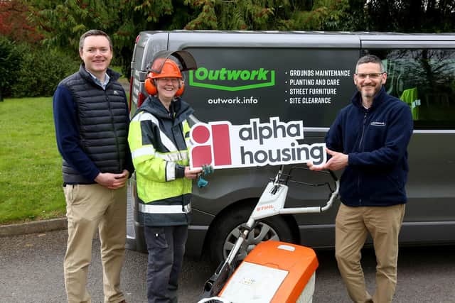 Alpha Housing has re-appointed social enterprise Outwork to provide grounds maintenance on Alpha’s 30 sites across Northern Ireland until at least mid-2024. Pictured from left to right: Cameron Watt, Chief Executive, Alpha Housing; Valerie Stewart, Supervisor; Outwork; and Richard Good, Director, The Turnaround Project.