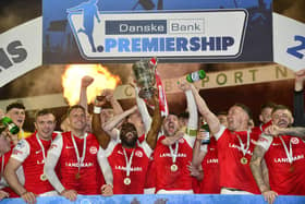 Larne celebrate lifting the Gibson Cup after Friday night's game against Linfield at Inver Park. Picture By: Arthur Allison/Pacemaker.