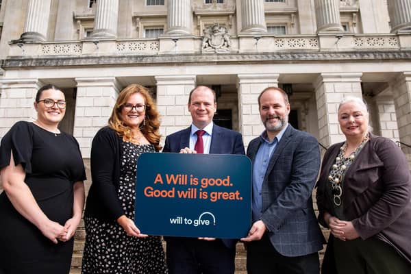 Members of Will to Give from charities including Action Mental Health, Age NI and Christian Aid join with Communities Minister Gordon Lyons MLA and Melissa Ruddock from Cleaver Fulton Rankin to launch 'Will to Give Week 2024' at Stormont.  Photo: Will to Give