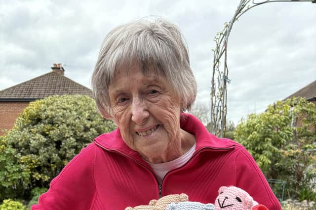 Knitter Jean Brown, who creates trauma teddies for the Lagan Valley Hospital, has been presented with a special plaque to thank her for her dedication and mark her 90th birthday. Pic credit: SEHSCT