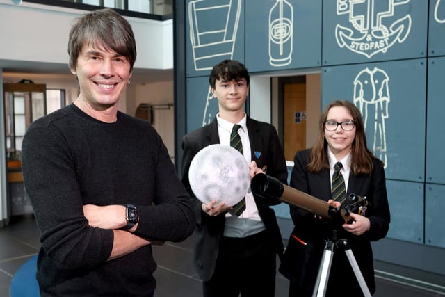 Professor Brian Cox attending Summer Science School event in collaboration with Mid & East Antrim Borough Council with St Patrick’s College Ballymena students Konrad Lax (left) and Agnieszka Marczewska (right).