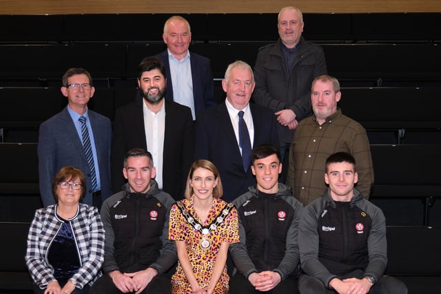 Benny Herron, Conor McCoskey and Connor Doherty, all members of this year’s Irish News Ulster GAA All-Star’s Senior Men’s Football team. Also pictured are Council Chair, Councillor Corry and nominating Councillors, Councillor Kearney, Councillor McFlynn, Councillor Bell, Councillor S. McPeake, Councillor D. McPeake, Councillor Totten, and Councillor McGuigan.