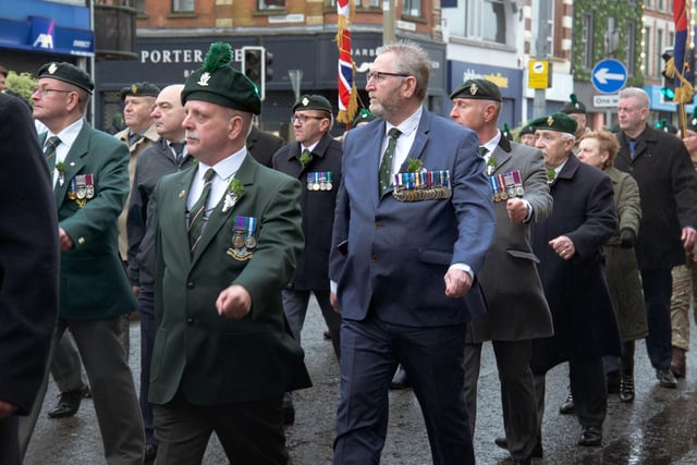 Eyes right...Veterans pass the reviewing stand during the Portadown RBL St Patrick's Day parade on Saturday afternoon. PT12-215.