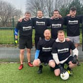 The Causeway Housing Executive team who took part in the Street Soccer NI Homeless Awareness Week Cup 2023 6-aside at Ozone, Ormeau Park, Belfast. Top row (from left): Joel Cromie, Patch Manager Limavady, Ryan McDowell, Patch Manager, Coleraine, Jonathan Smyth, Maintenance Officer, Coleraine, Eoghan Doherty, Housing Advisor, Coleraine, and Tommy Stevenson, Maintenance Officer, Limavady. Bottom Row (from left): Paddy Hargan, Causeway Temporary Accommodation Manager and Patrick McWilliams, Patch Manager, Coleraine. Credit NIHE