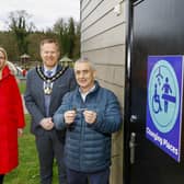 Lord Mayor of ABC Borough Council, Councillor Paul Greenfield at one of the new Changing Places facilities with Clare Weir, Community Sport Active inclusion officer and Philip Cassidy, Gosford Park manager.