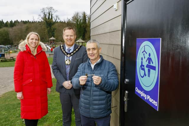 Lord Mayor of ABC Borough Council, Councillor Paul Greenfield at one of the new Changing Places facilities with Clare Weir, Community Sport Active inclusion officer and Philip Cassidy, Gosford Park manager.