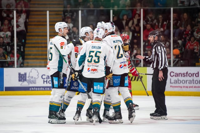 The Belfast Giants celebrate scoring against the Cardiff Devils in Wales. Picture: James Assinder