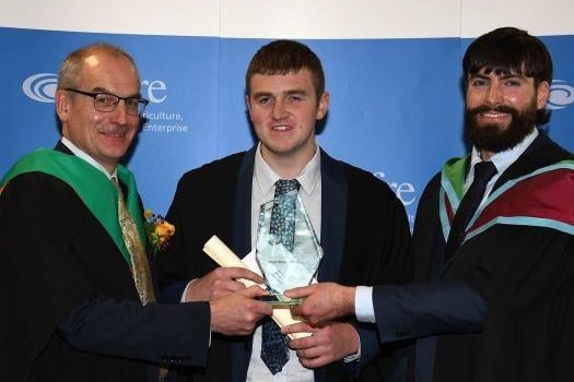 Iain Perry (Kilkeel) was awarded with the Department of Agriculture, Environment and Rural Affairs Prize at the Greenmount Graduation Ceremony. Iain was top student on the Level 2 Work-based Agriculture programmes and was congratulated by Martin McKendry (CAFRE Director) and Malachy Morgan (Agriculture Lecturer, CAFRE).