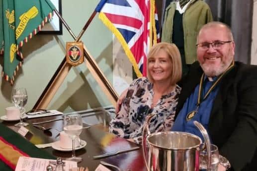 Chaplain of the Larne branch UDR CGC Association, Rev Paul Reid and his wife Carol at the coronation dinner. Picture: Larne branch UDR Association.
dinner.