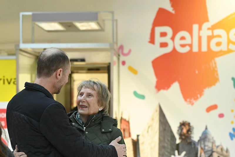 Paul Buckley pictured meeting his mum Patricia arriving home from Leeds for Christmas at George Best Belfast City Airport.