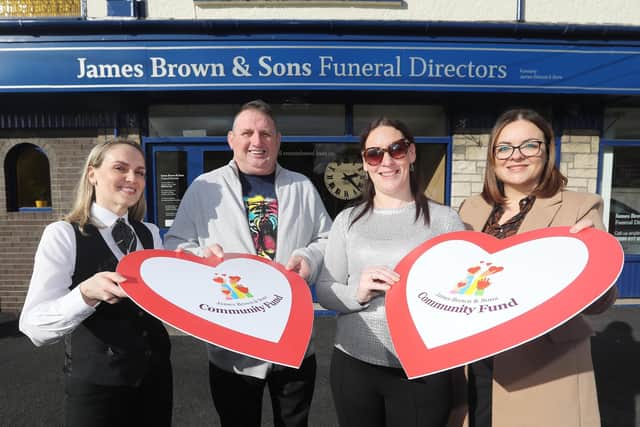 William Thompson and Jill O’Halloran of Dunmurry Community Association, receive the James Brown & Sons Community Fund grant from Lisa Hutchinson, Funeral Arranger, and Emma Moore, Branch Development Manager, James Brown & Sons. The Dunmurry Community Association creates events for low-income families and will use the funding to support the operations of its youth club which caters for 30 children within the 5-14 age group, as well as helping deliver Hallowe’en events and Christmas festivities. www.jamesbrownfuneraldirectors.com