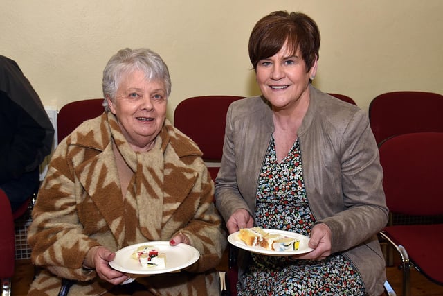 Enjoying the food and friendship at the 1st Charlemont and Cranagill Boys Brigade 40th anniversary event are Frances Holland, left, and Violet Bailie. PT03-227.
