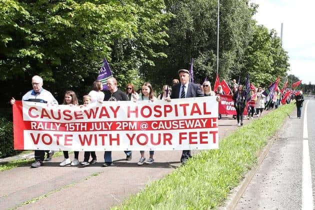 SOS Causeway Hospital campaign met with health trust representatives on Friday and staged a protest rally on Saturday. Credit Declan Roughan, Press Eye