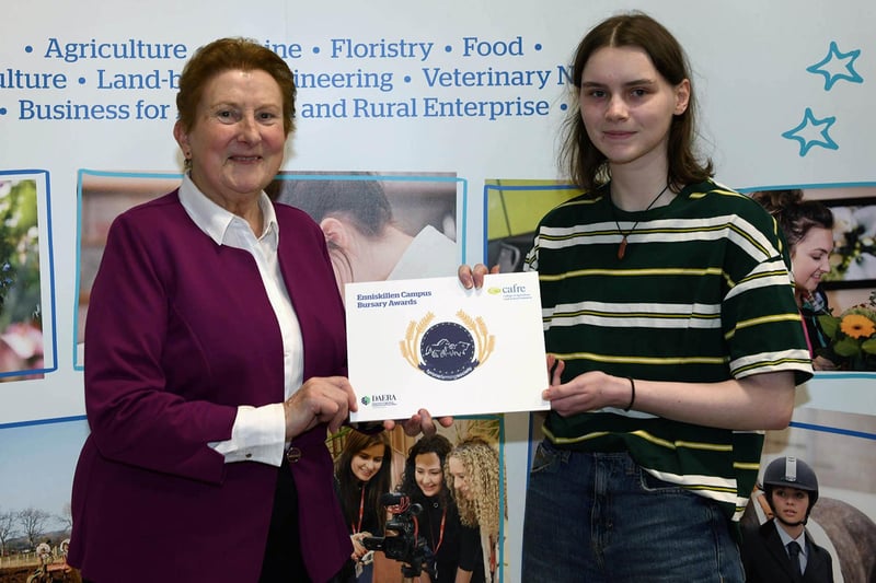 Ryann McPhillips, Omagh, Co Tyrone, was presented with the Tyrone Farming Society Bursary by Anne McDermott at the CAFRE Enniskillen Campus Industry Supporters event.