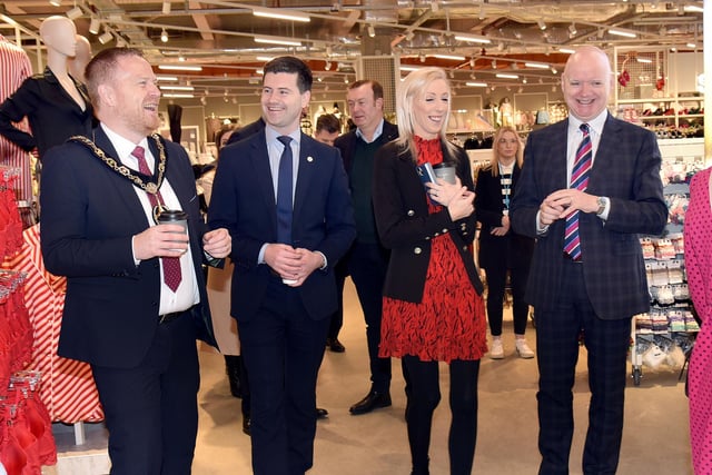 Rushmere Centre manager, Martin Walsh, right, joins local politicians for a sneak peek inside the new Primark store. Include from left are, Lord Mayor of ABC Council, Councillor Paul Greenfield, Jonathan Buckley MLA, and Carla Lockhart MP. PT50-210.