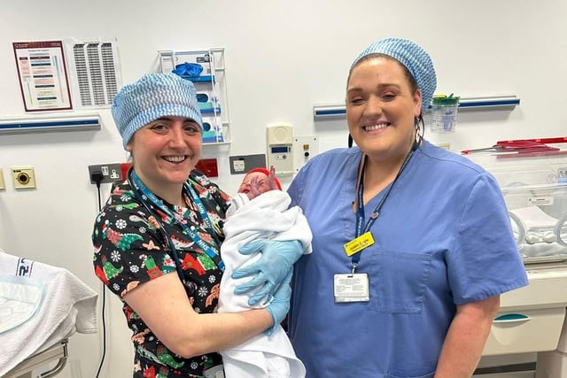 Jenny Orr had a baby boy called Myles at 11.11am on Christmas Day at the Ulster Hospital Dundonald, pictured here with midwife Judith and paediatric doctor Emma.