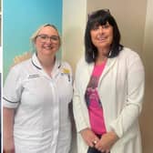 Catherine Bell (left) and Wendy Dalzell (right)  have opened up about being diagnosed with breast cancer after attending screening for the first time. Also included is AnnMarie Wilson,  assistant practitioner at the Western Health and Social Care Trust.  Pictures: Public Health Agency